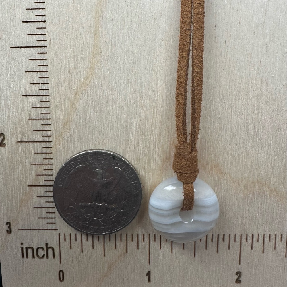 Small Banded White Agate Donut Pendant Necklace on Brown Suede - Picture 14 of 14
